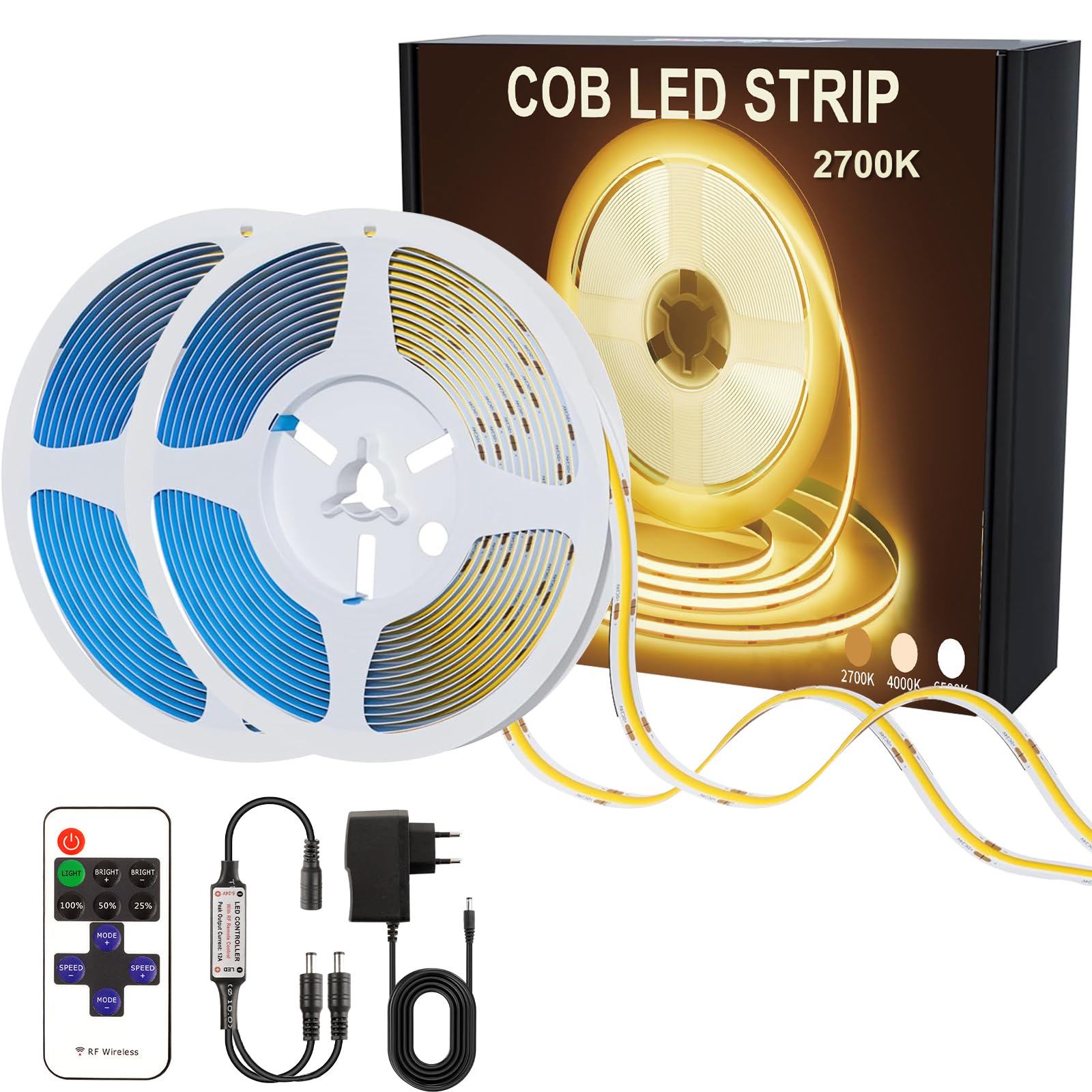 Tira LED COB 15 Metros (7.5 Metros x 2), 2700K Clanca Cálida, Luces LED 24V Autoadhesivo Flexible Cortable, con Control Remoto y Fuente de Alimentación, para Decoración del Hogar, Cocina, Espejo
