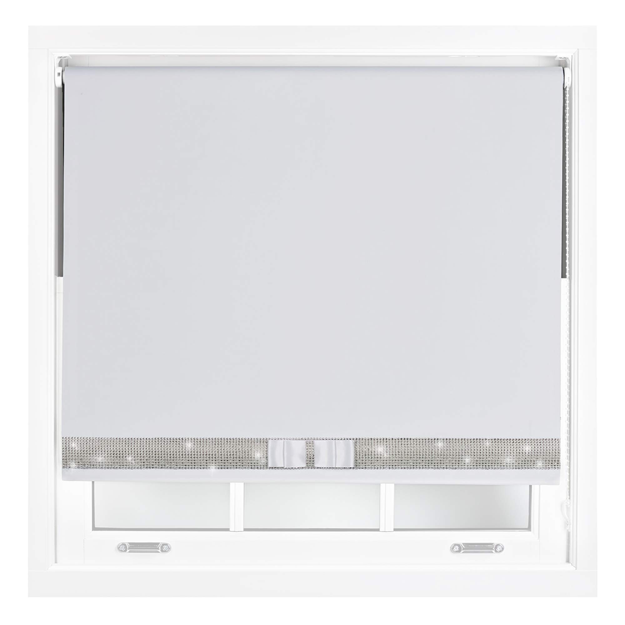 Furnished White Diamante Blackout Blinds With Bow - Decorative Diamond Sparkle Design Roller Blind Cut To Size Up To 210W X 165L Cm