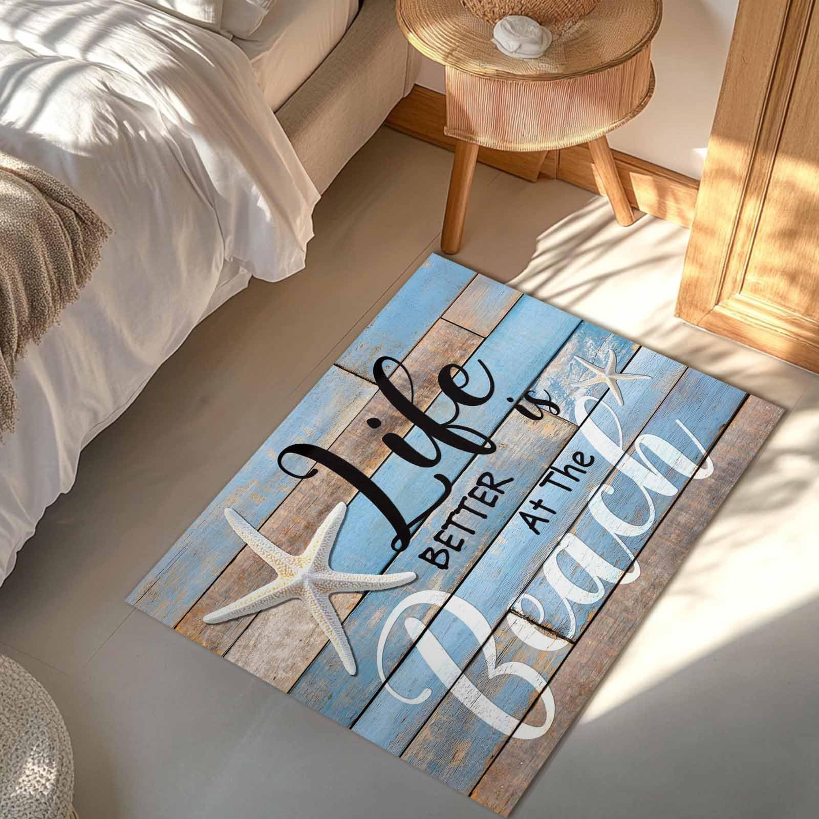 Plażowa mata powitalna przybrzeżna wycieraczka, 'Life is Better at The Beach' wycieraczka pod drzwi wejściowe, ocean morskie rozgwiazda antypoślizgowe chłonne dywaniki wejściowe, retro drewno ziarna