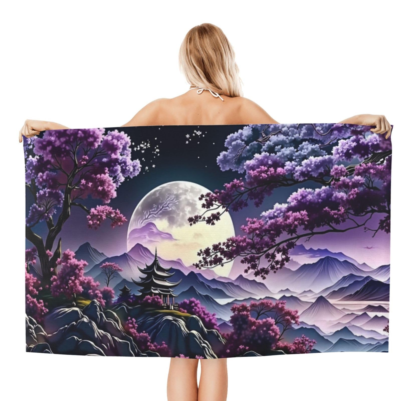 Anceky Beach Towel for Women, Cherry Blossom Moon Sand-Free Microfiber Ultra Soft Lightweight Bath Towels for Outdoor Bathroom Swimming 32"X52"