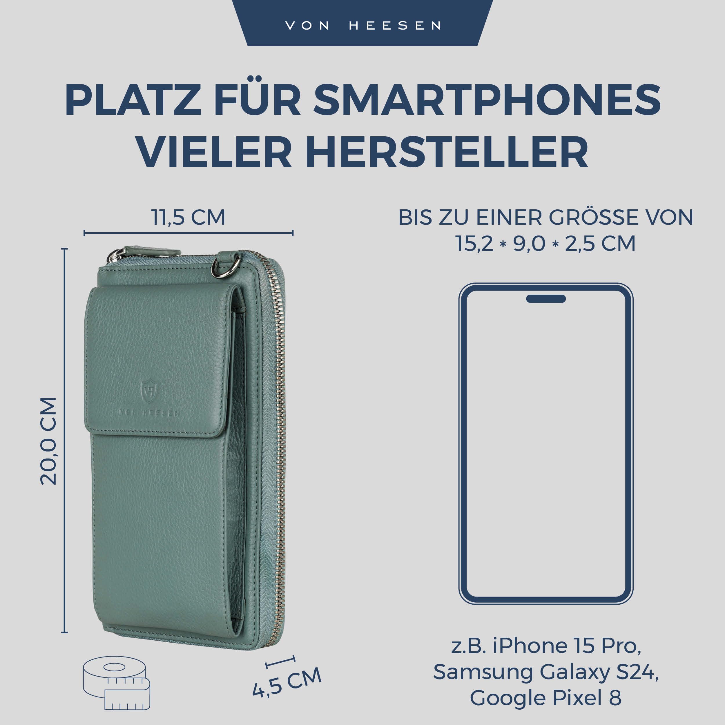 VON HEESEN Leder Handy-Geldbörse mit RFID-Schutz - Handytasche mit Portemonnaie für Damen & Herren aus echtem Leder - Wallet mit Münzfach - Geldbeutel für Frauen und Männer in Türkis (Silver Pine)