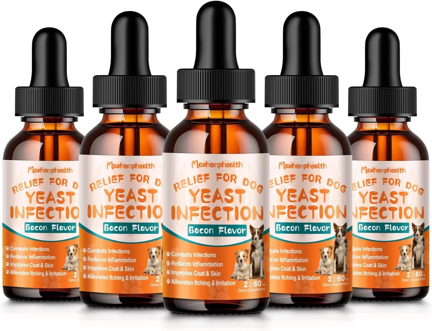 Dog Yeast Infection Treatment : Natural Anti-Yeast Drops for Itchy Ears, Skin Allergy Relief - Reduces Inflammation & Irritation, Herbal Medicine Supplement Drops, 2 Oz - 5 Packs