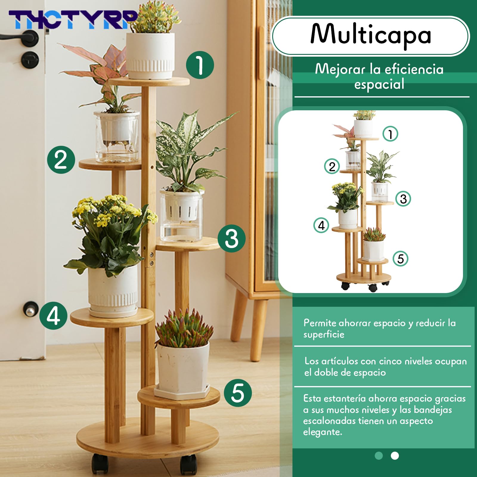 Soporte de flores de bambú alto y bajo, soporte para flores de disco, soporte para macetas de pothos con ruedas para balcón de sala de estar, soporte de flores de interior