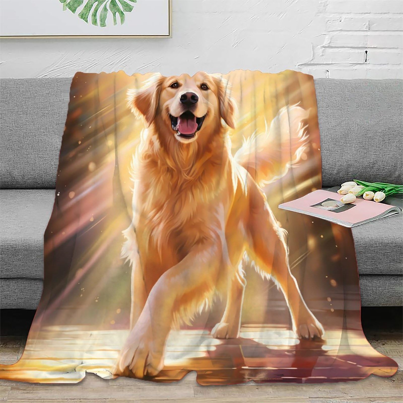 Couverture Golden Retriever 200x230cm en microfibre imprimée 3D de style artistique