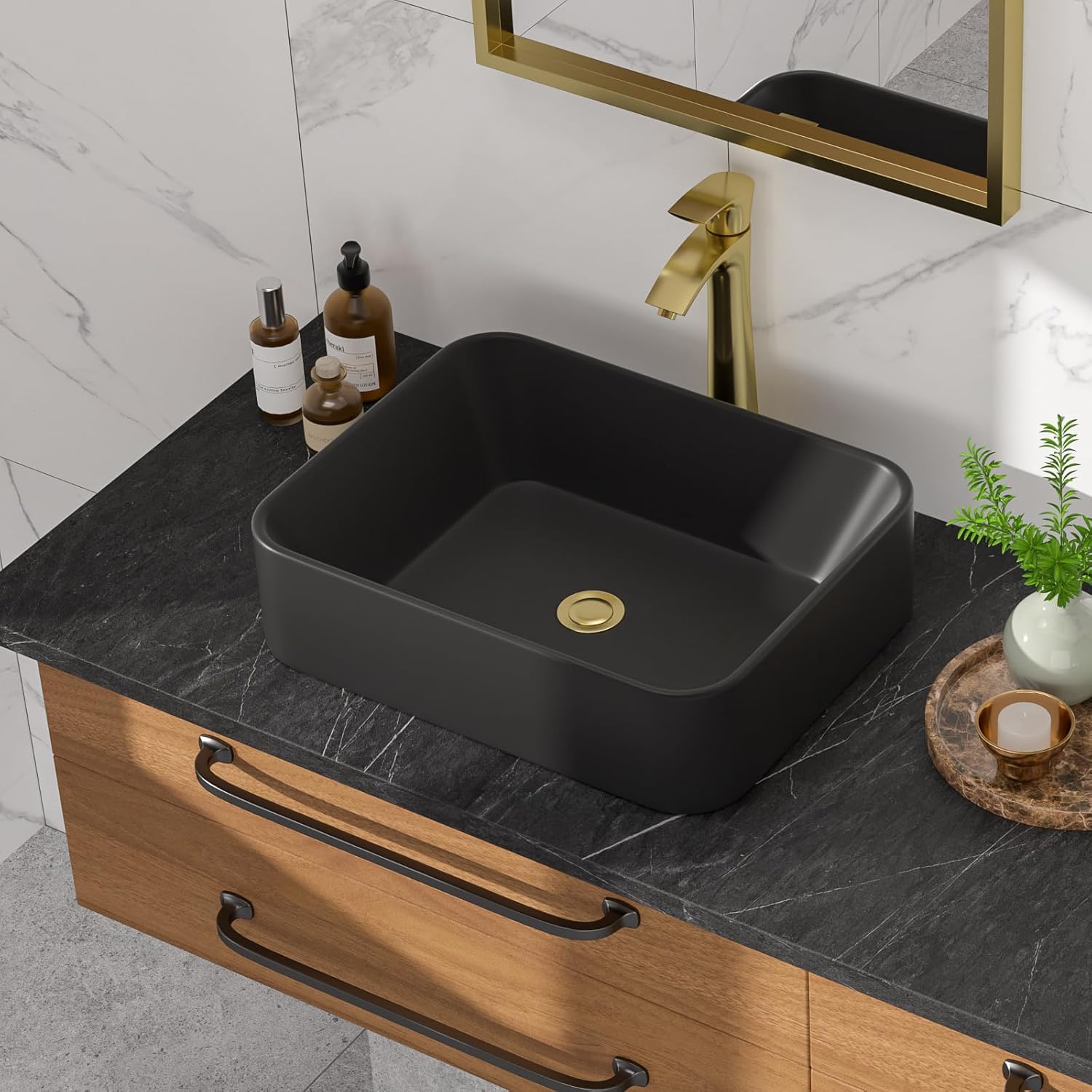 Black Vessel Sink, Rectangle 19x15 Inch Bathroom Sink Above Counter, Porcelain Ceramic Modern Vessel Sinks Vanity Art Basin for Bathrooms