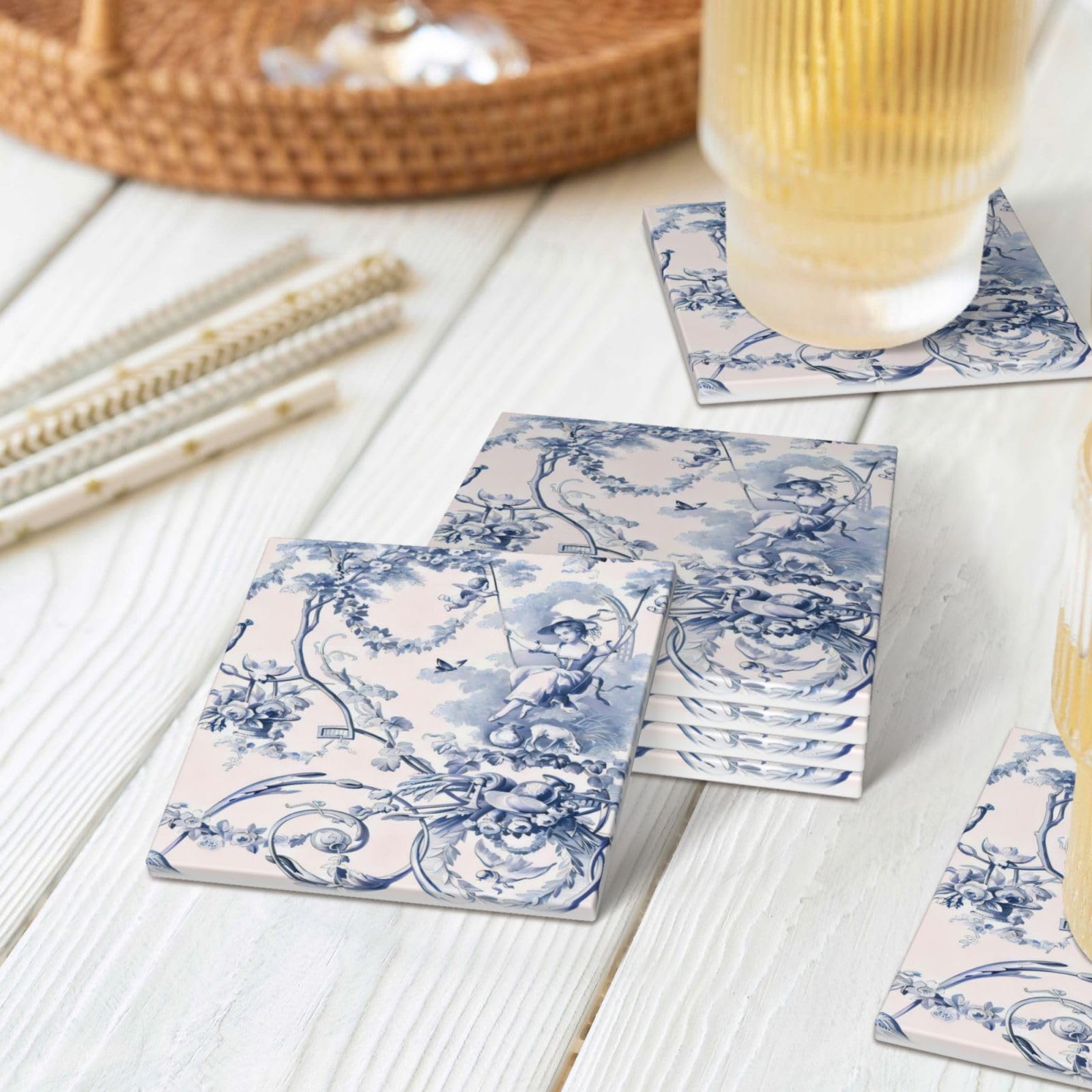 Blue French Country Toile Pattern Ceramic Coaster Set of 4 for Drinks, Absorbent Ceramic Stone Coaster Set, Cork Base,Cups Place Mats for Home Decor Square