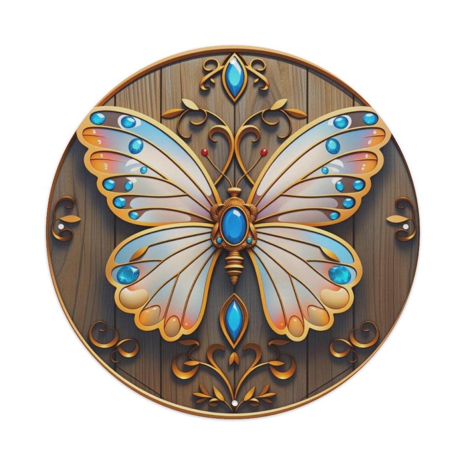 Wood Gem Decor Butterfly Round Sign Vintage Aluminium Metal Sign, Retro Wall Decor for Home, Bar, Garage & Farmhouse 20x20cm