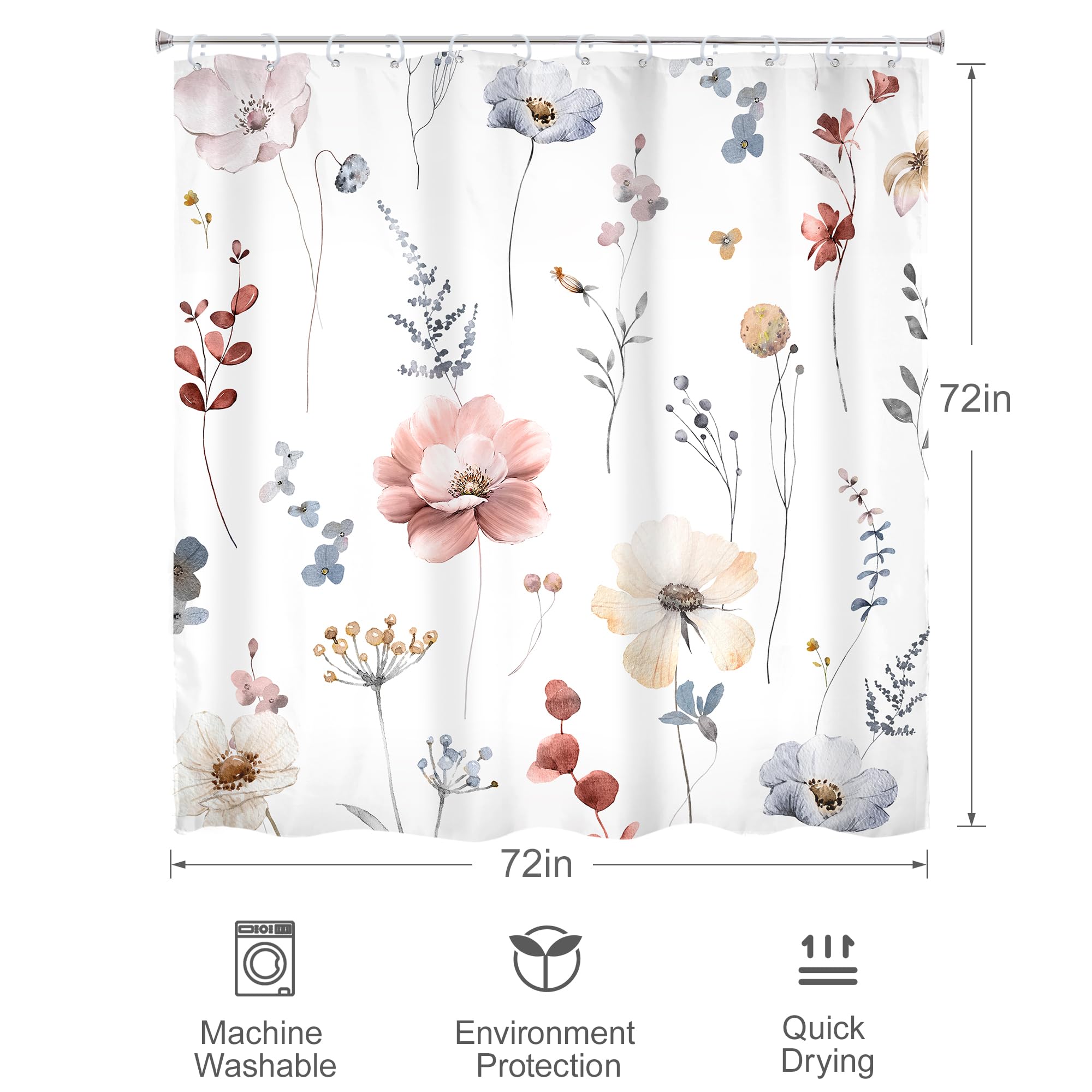 Omifly 72x84 Inch Blue & White Floral Shower Curtain - Waterproof Fabric With 12 Hooks, Botanical Rose Eucalyptus Bathroom Decor - View #4