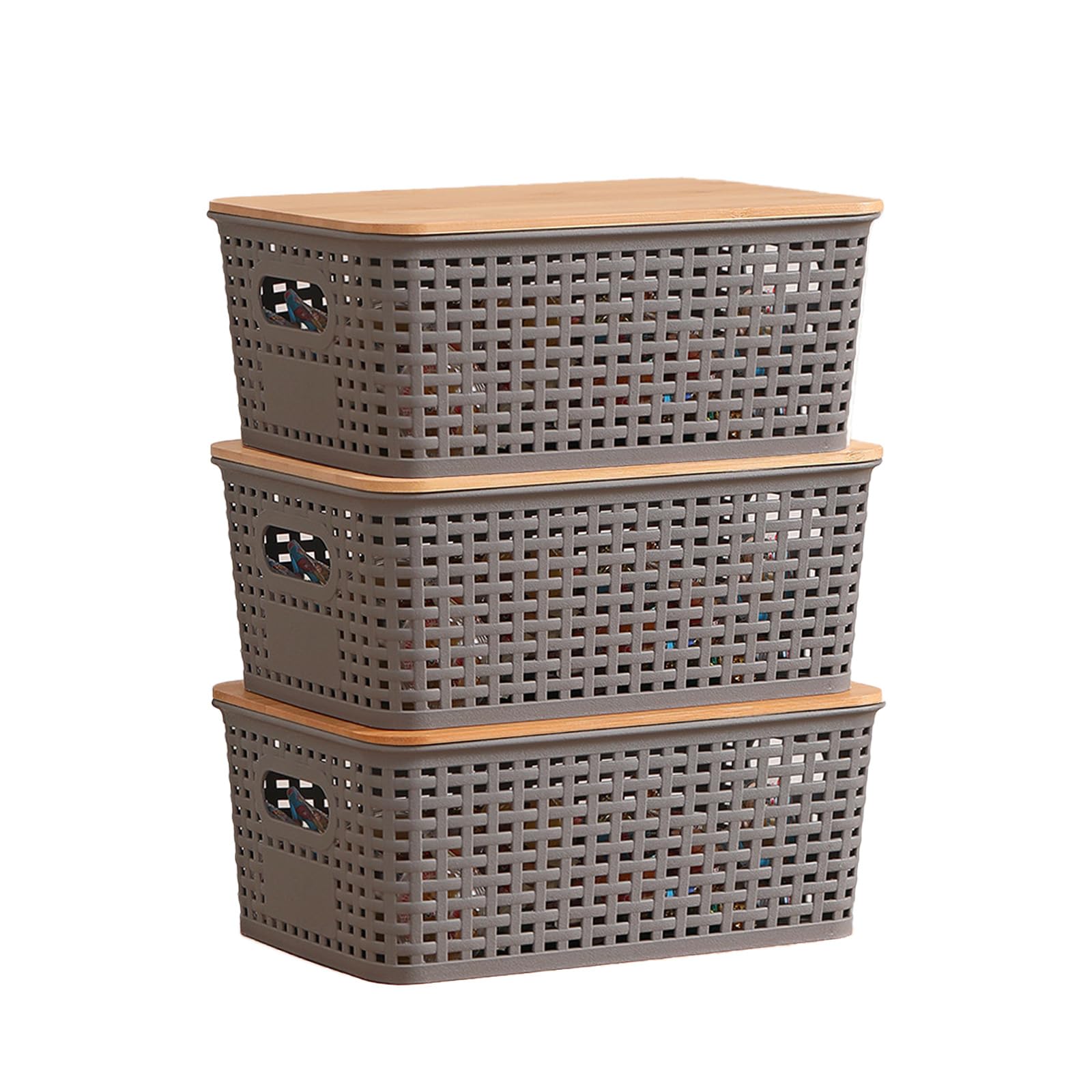 Kongming Cajas Almacenaje plastico, 3 piezas Cestas Almacenaje con Bambu Tapa 5L Cajas Organizadoras apilables para Baño, Cocina, Dormitorio 25 x 18 x 10 cm (gris)