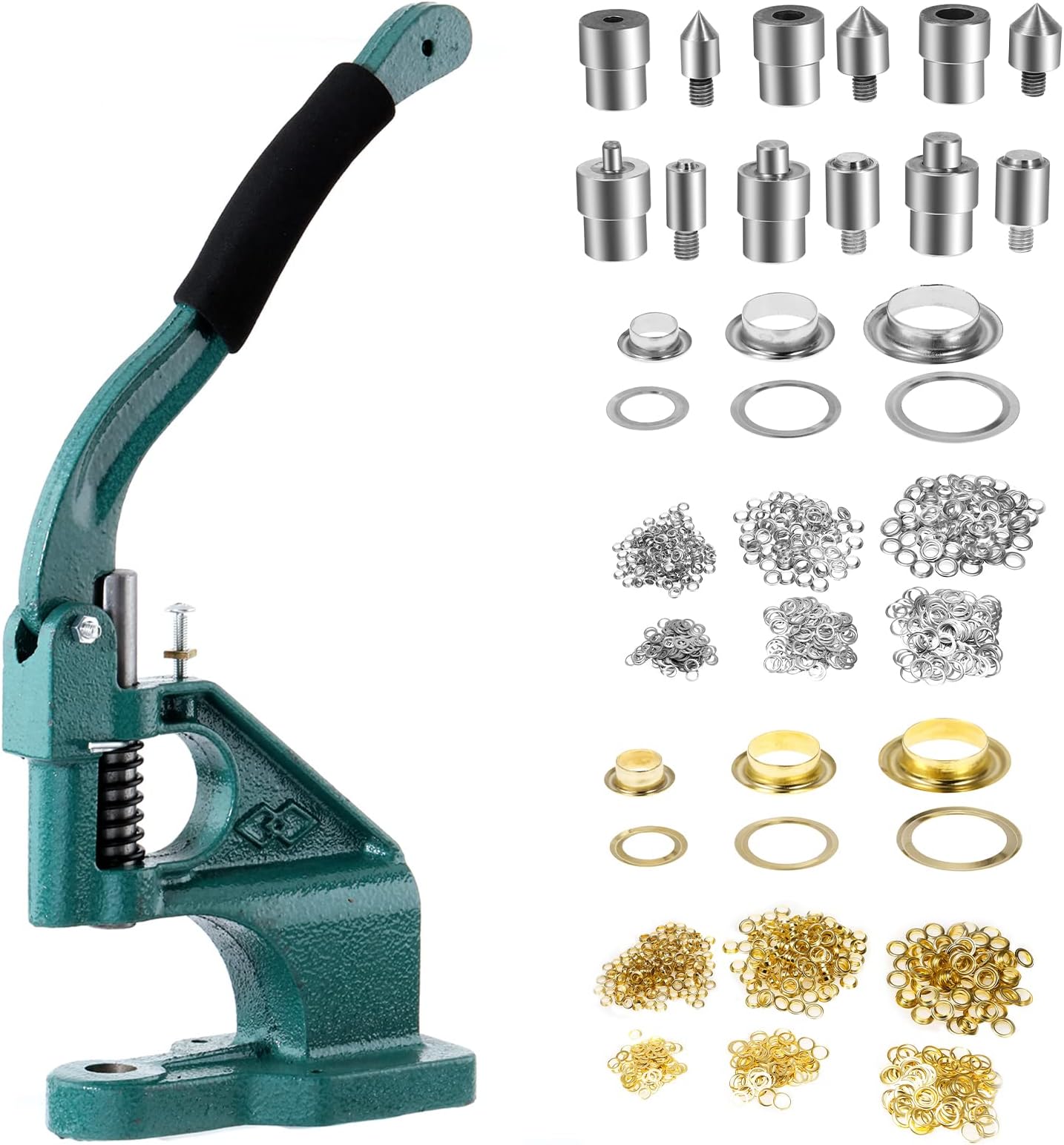 – Dyna-Living Grommet Press Kit Eyelet Punch Kit Handheld Hole Punch Machine Heavy Duty Eyelet Hand Press Grommet Machine Manual Puncher with 3 Dies and 1500pcs Golden and Silver Grommets 6/10/12mm