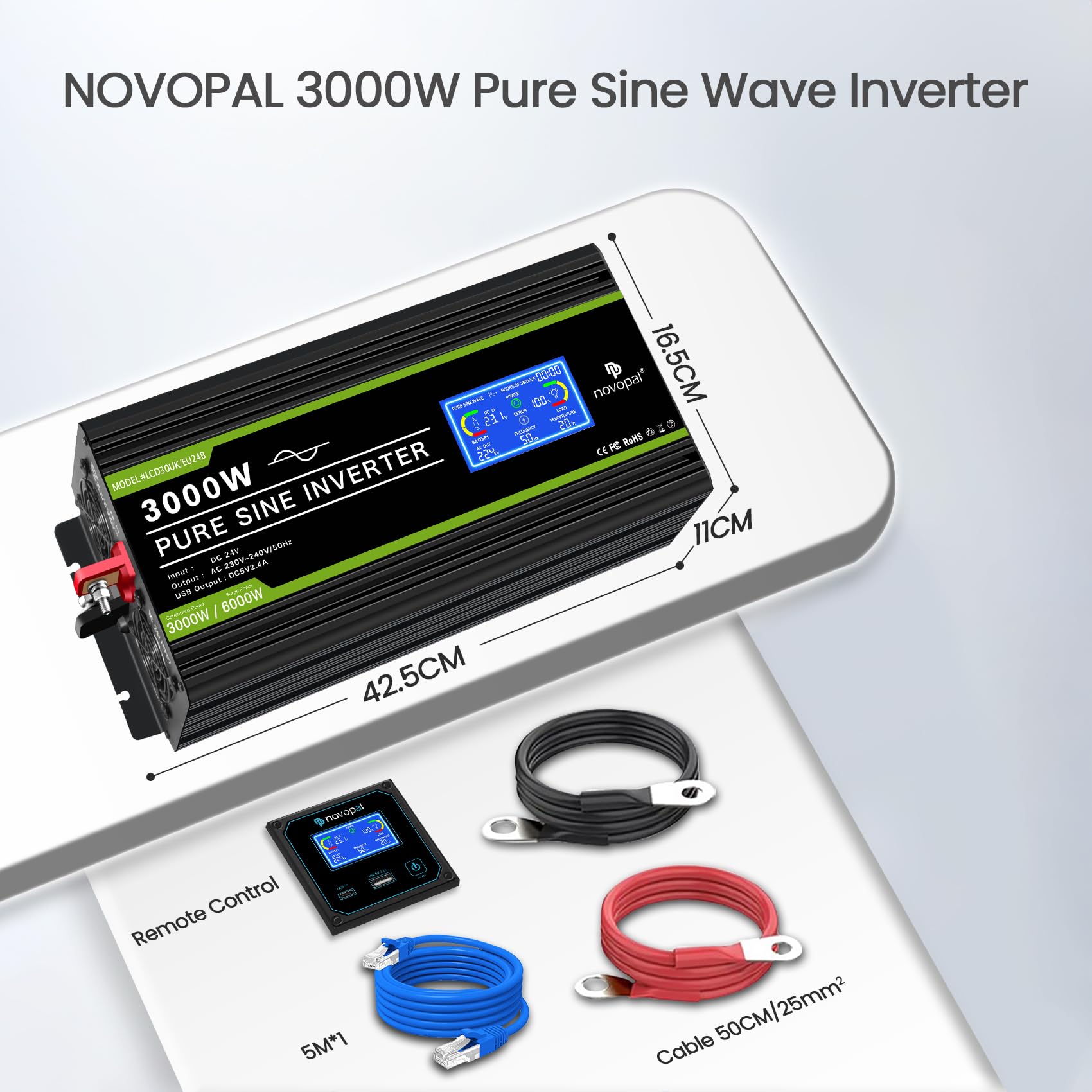 NOVOPAL Convertisseur Pur Sinus 3000W- Onduleur Convertisseur 24V 220V 230V avec télécommande et Dual AC Prises et écran LCD,pour Voiture, Caravane, Bateau, Camping, Voyage