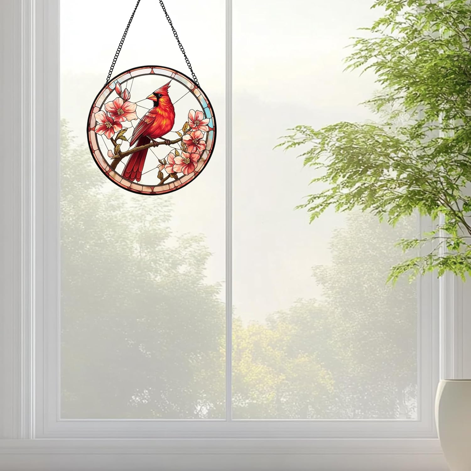 Stained Glass Style Cardinal Suncatcher, 7.87 Inch (20cm) Round Real Glass Window Hanging with Gift Box and Chain, Bird Decor Gift - Image 7