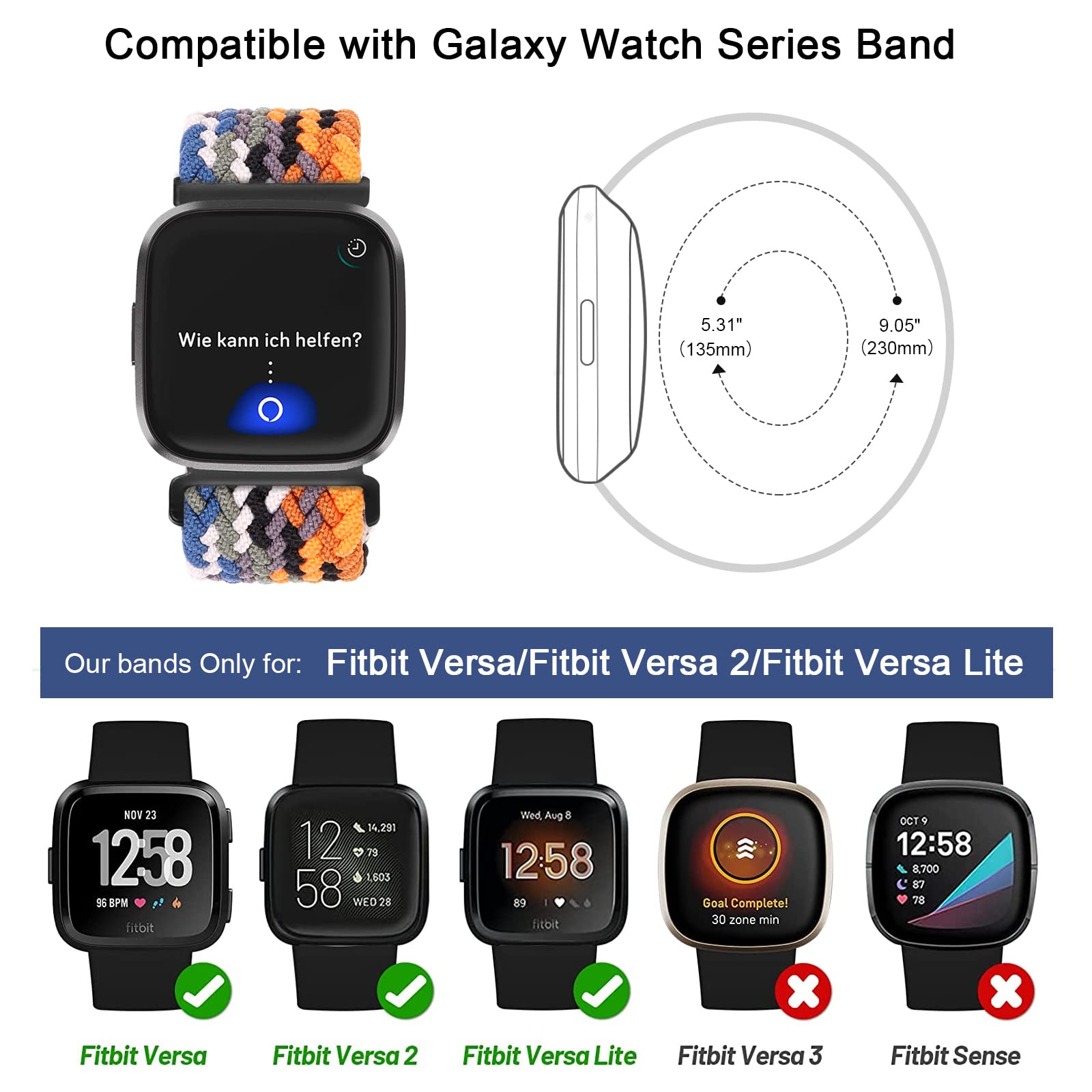 Bracelet élastique En Nylon Tressé YASPARK Pour Fitbit Versa 2 / Versa / Lite / SE - Taille Réglable 135-230 Mm