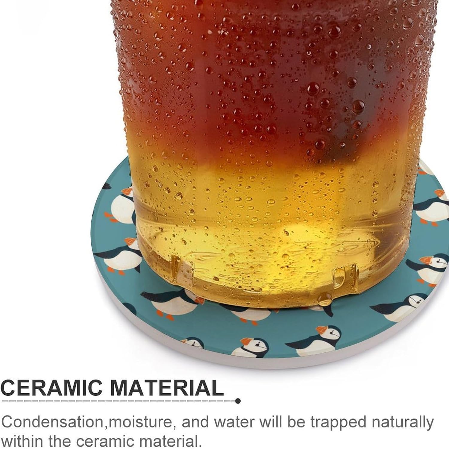 Cute Puffins1 Round Ceramic Coasters for Drinks Absorbent Cup Holder Tabletop Protector with Cork Base