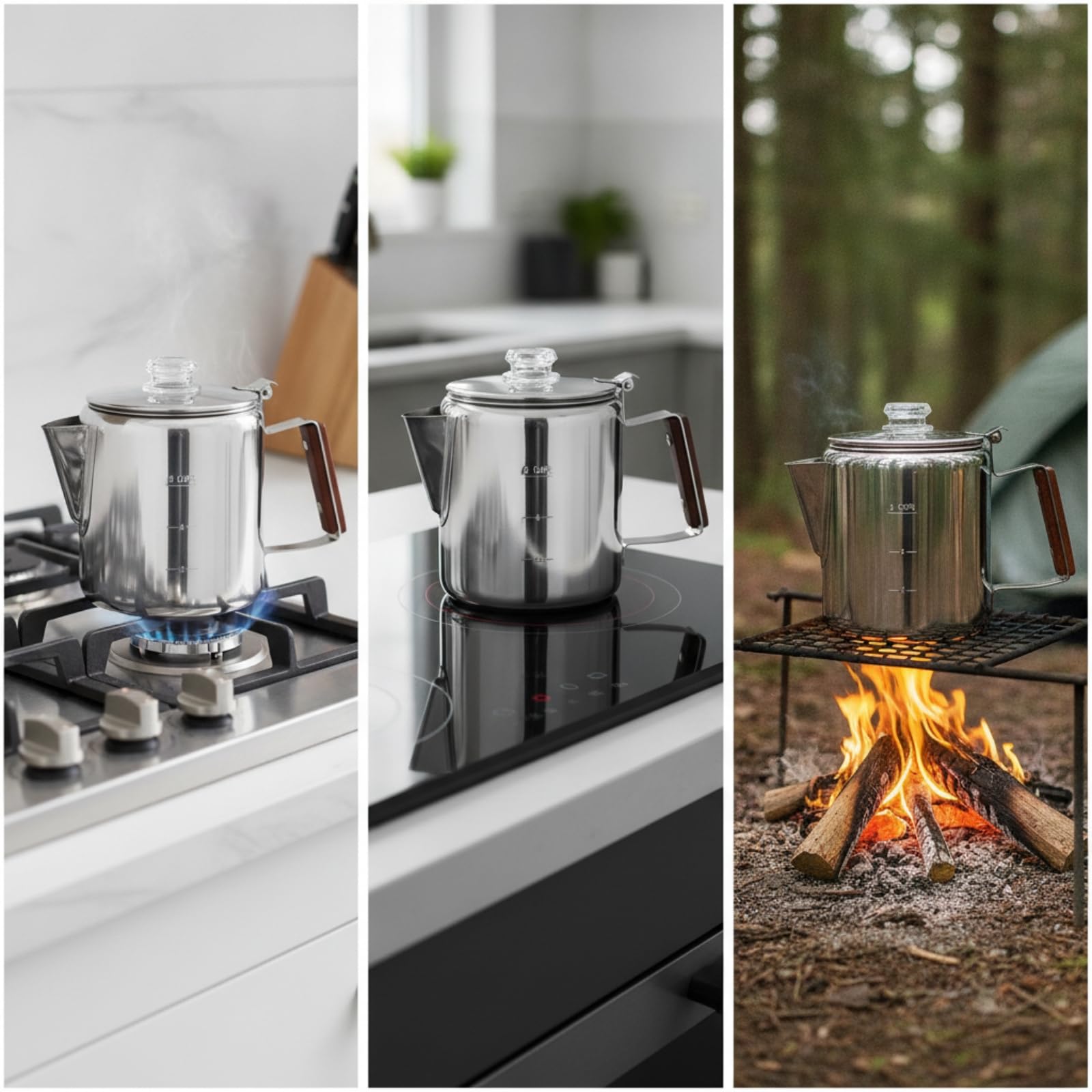 Kaffeekanne mit griff skaliert Kaffeekanne mit Sichtfenster aus hitzebeständig Kaffeezubehör für Outdoor-Begeisterte, Silber, 9 Tassen