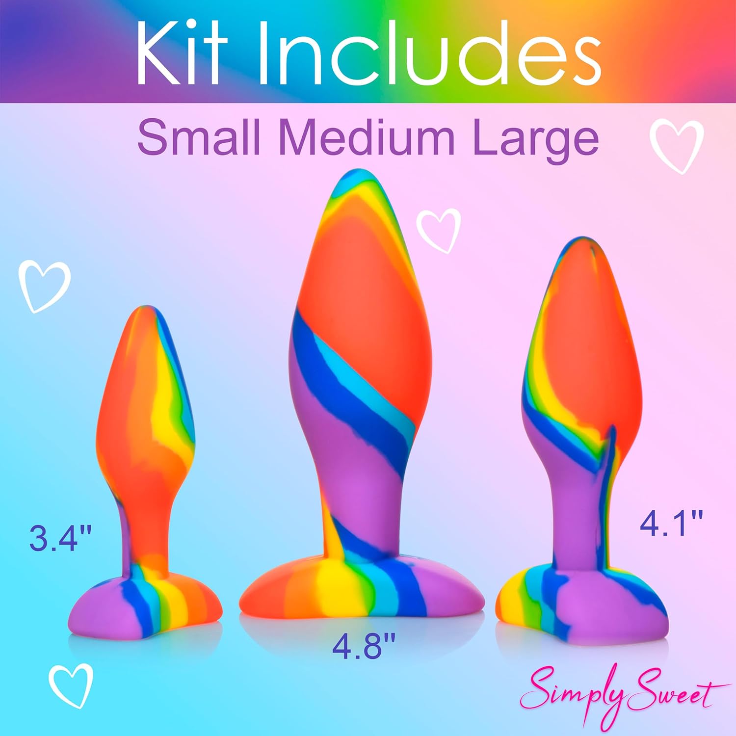 CURVE TOYS Simply Sweet Rainbow Silicone Butt Plug Set for Beginners, Men, Women, & Couples. Premium Silicone and Graduated Size. Tapered Tip & Vibrant and Colorful. 3 Piece Set, Rainbow.