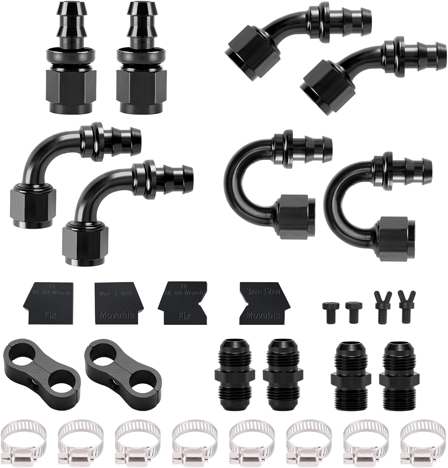 6AN Push Lock Fitting Kits, 0 45 90 180 Degree Fittings with AN6 Male to Male Coupler & 6AN Male Flare to 1/4" NPT fittings & AN Wrench Protector for NBR Rubber Push Lock Hose