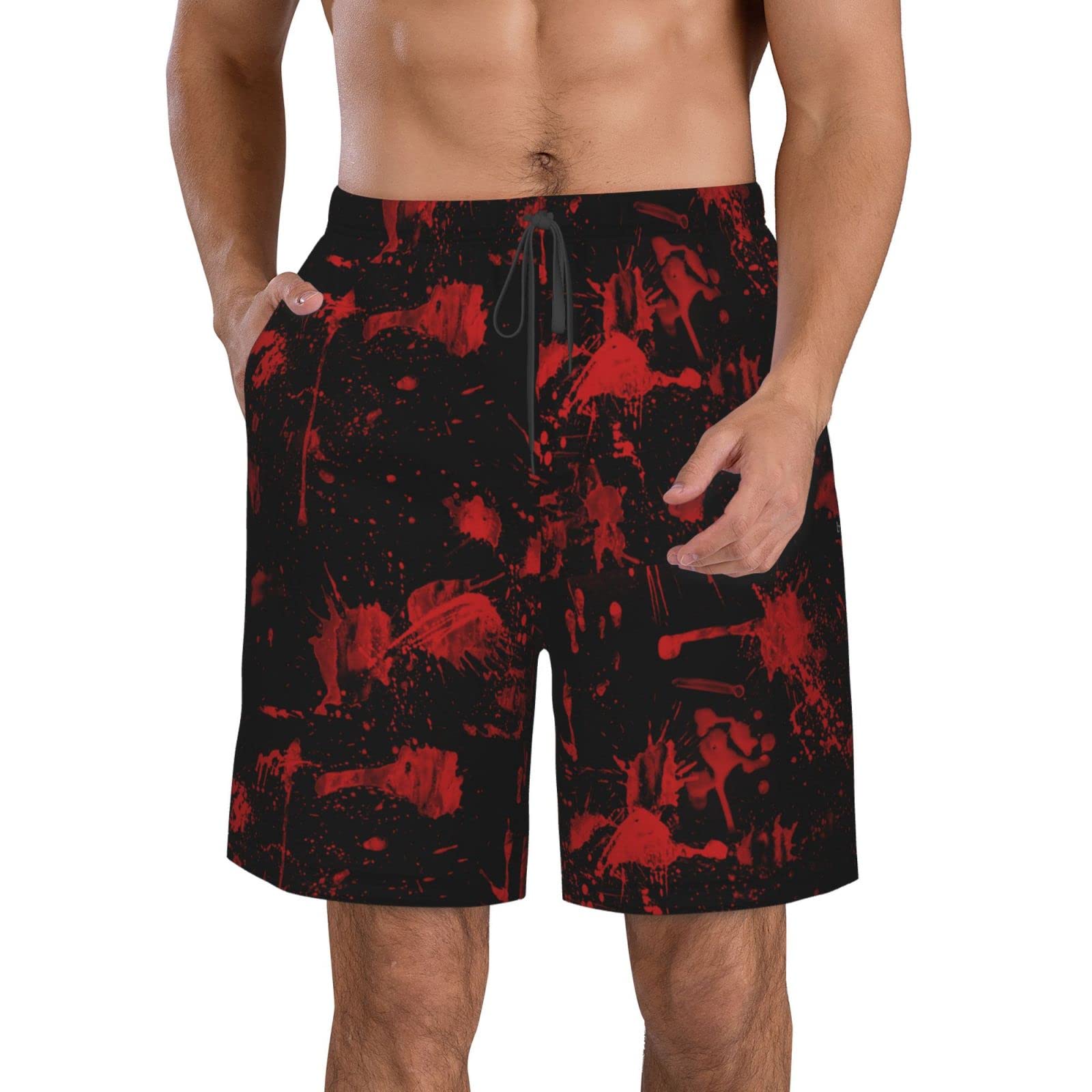 Lsjuee Classic Horror Blood Splatter Black Red Men's Swim Trunks Beachwear Outdoor Quick Dry Retro Soft Washed Drawstring Board Short