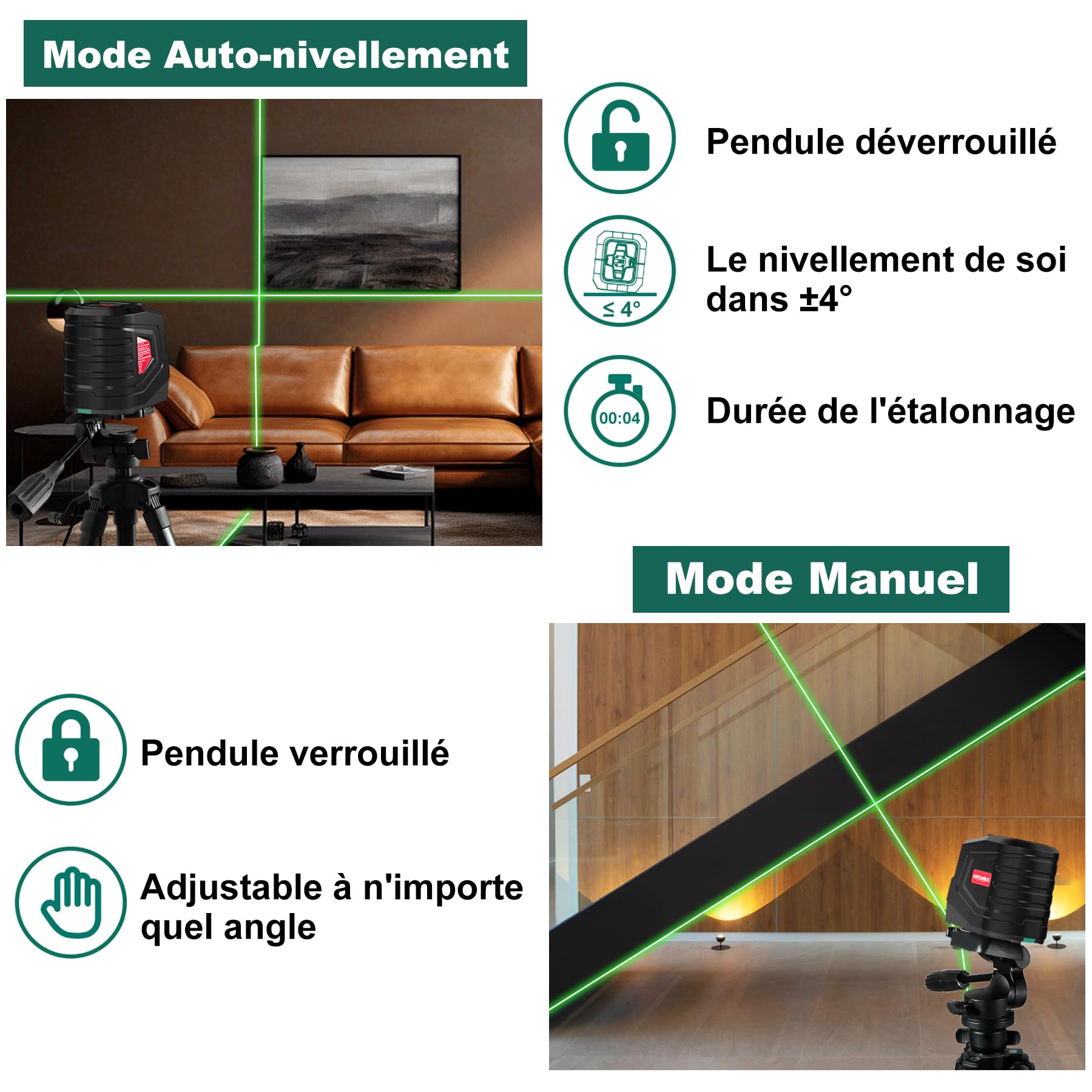 HYCHIKA Niveau Laser Vert, Niveaux Laser Autonivelant avec 2 Piles AA et Pochette de Transport, Lazer Niveaux pour Décoration de Maison, Dricolage