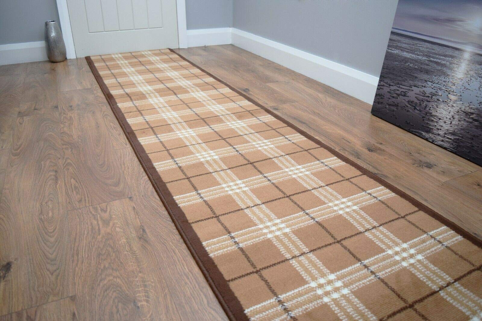 SrS Rugs® Luna Collection, Modern Long Carpet Runner Rug for Entrance Hall and Stairs. Smooth Soft 8mm Depth Pile. 70cm Wide. Any Length (Tartan Brown, Length: 2' (60cm)) — image 1