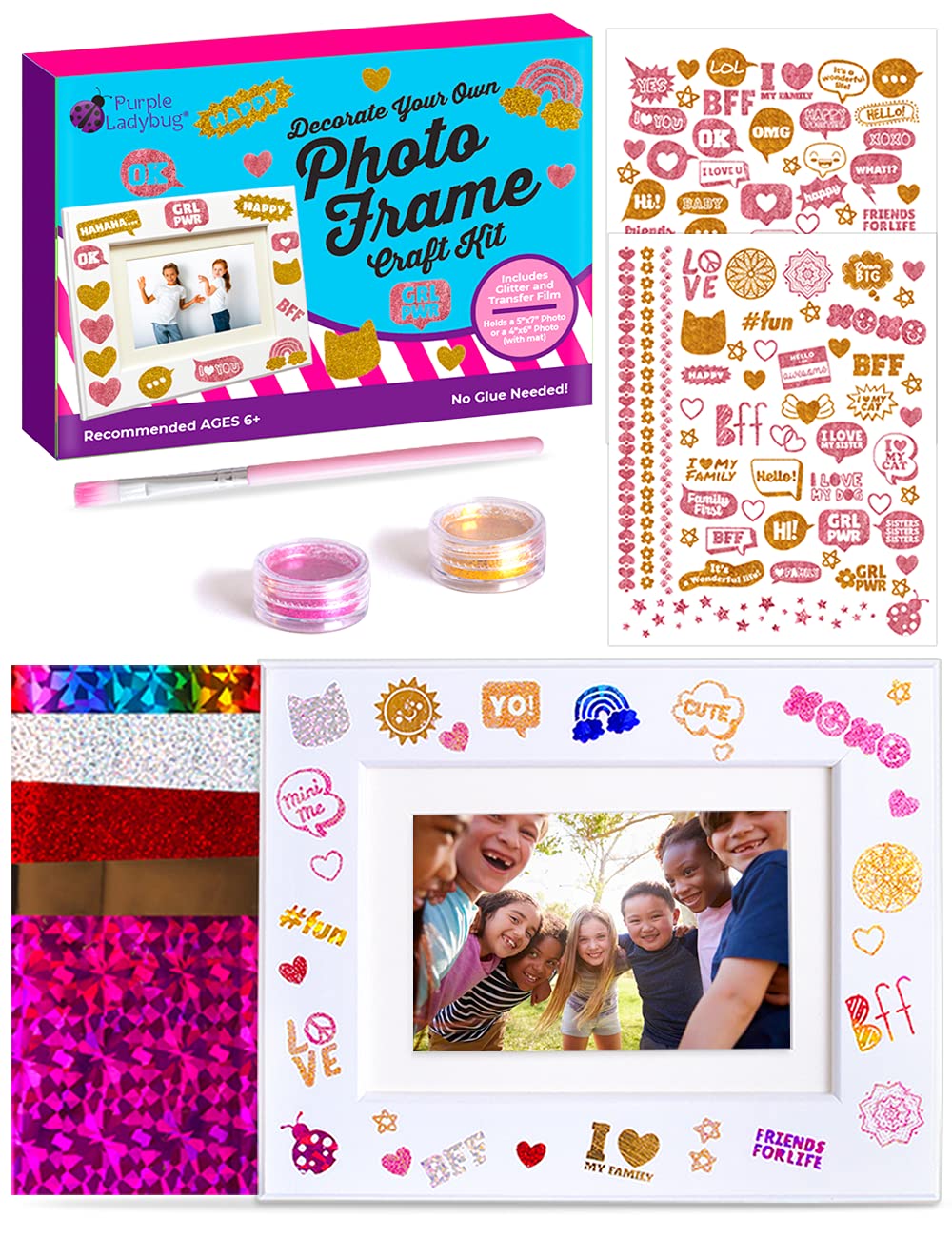 PURPLE LADYBUG DIY Picture Frame Craft Kit with Foil & Glitter - Birthday Gift & Craft Set for Girls Ages 6-8, 8-12, Arts & Crafts Gift for Best Friends, Teens & Tweens
