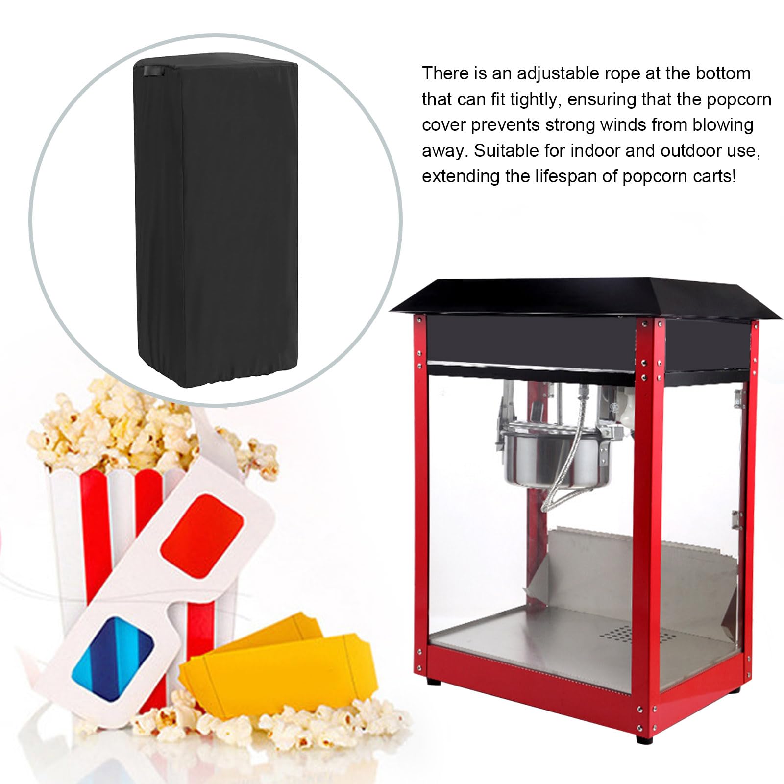 Cubierta impermeable para carrito de palomitas de maíz, cubierta para máquina de palomitas de maíz 420D, con bolsa de almacenamiento, hebilla resistente al viento y cordón ajustable de 21 x 4