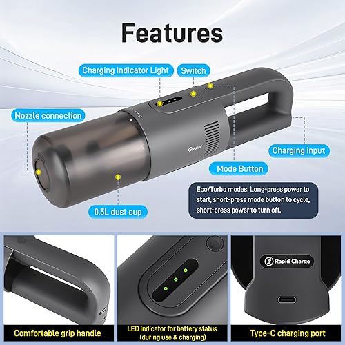 Miniatura 4 de Aspiradora de mano inalámbrica, aspiradora portátil inalámbrica de 30 W, aspiradora de mano rápida recargable, motor sin escobillas de 15000 Pa