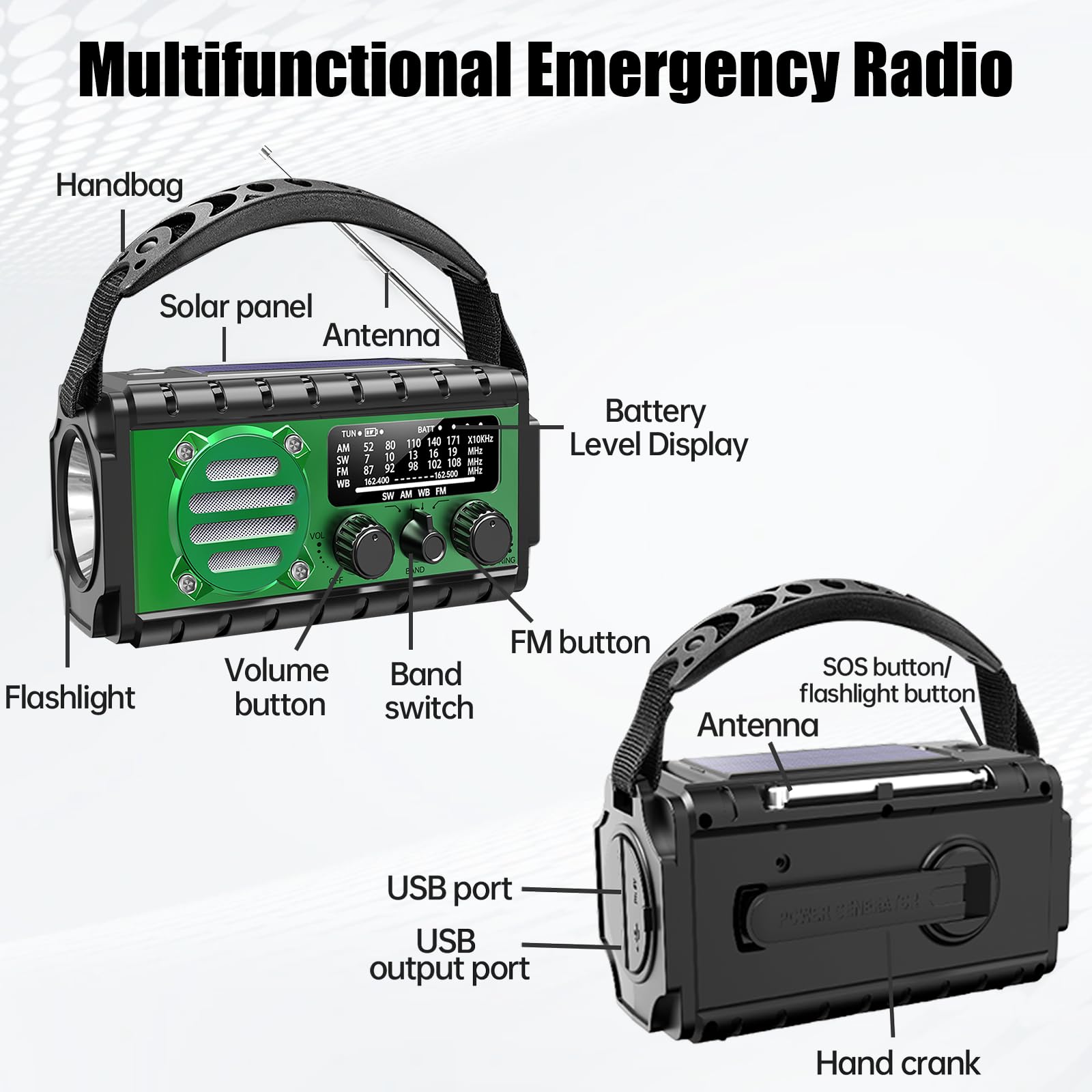 Radio de emergencia de 74000 mWh con clima NOAA, radio de supervivencia portátil SW/AM/FM con batería solar recargable de carga rápida, linterna, lámpara de lectura, sirena SOS para el hogar y
