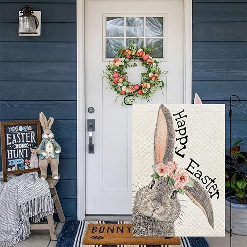 Miniatura 5 de Crowned Beauty Bandera de jardín de conejo de Pascua feliz de 12 x 18 pulgadas pequeña de doble cara para decoración de exteriores de arpillera y
