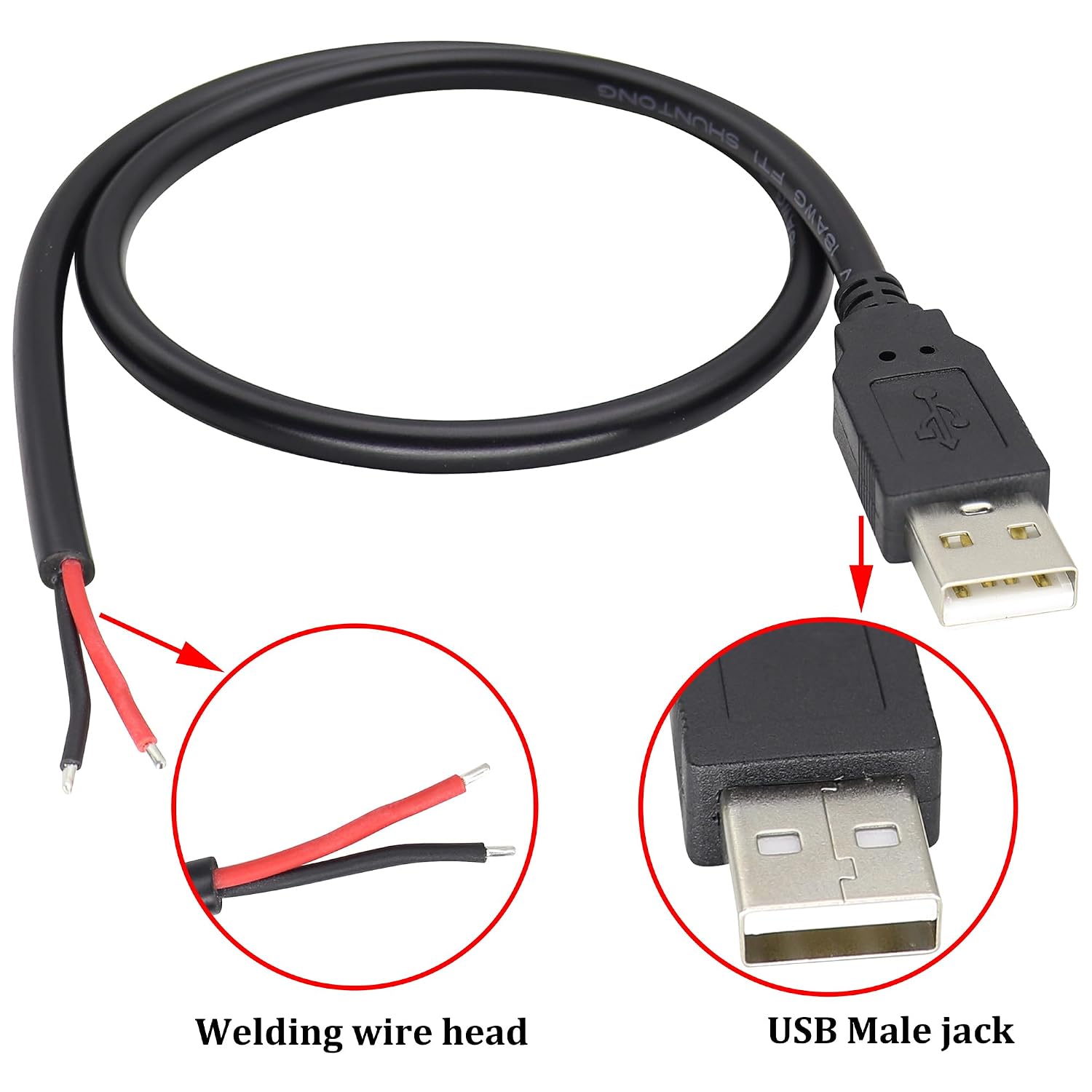 18AWG USB 2.0 Male Plug to 2pin Bare Cable USB A Male Plug to 2pin Bare Wire Pigtail Open End Extension Adapter 5V 5A Power Charge Wires DIY Connector Cable [2PacK/Black][0.5M/1.6ft]