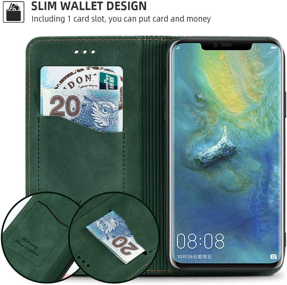 AKABEILA Case for Huawei Mate 20 Pro Case PU Leather Flip Wallet Case with Magnetic Closure Kickstand Card Slots Phone Case Cover Holder Protective Shockproof Green