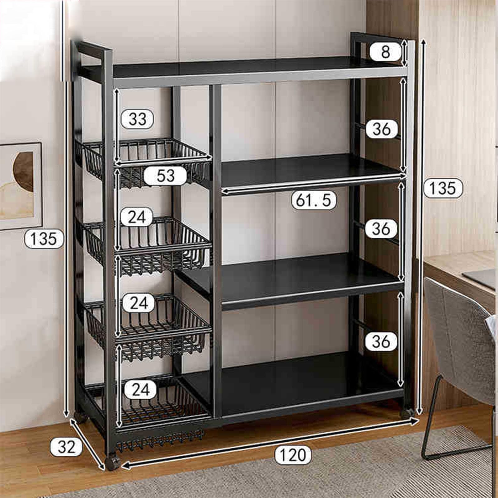 Estante de almacenamiento de metal con 4 capas y 4 cestas de malla, altura ajustable (5 cm), diseño rodante, ideal para cocina, color negro
