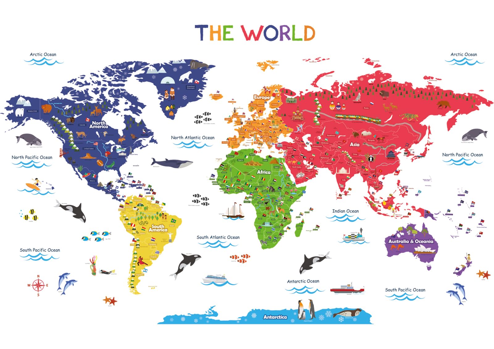 BASHOMBS-115 Large Animal Landmarks World Map Wall Decals Educational Stickers for Kids Nursery Bedroom Living Room Classroom Peel Stick Removable Poster mapa Mundi para pared Art