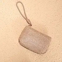 Bolsa feminina de palha de tecido – pequena bolsa de moedas e porta-cartão, carteira boho chique para dinheiro e cartões., Caqui