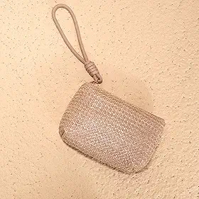 Bolsa feminina de palha de tecido – pequena bolsa de moedas e porta-cartão, carteira boho chique para dinheiro e cartões., Caqui