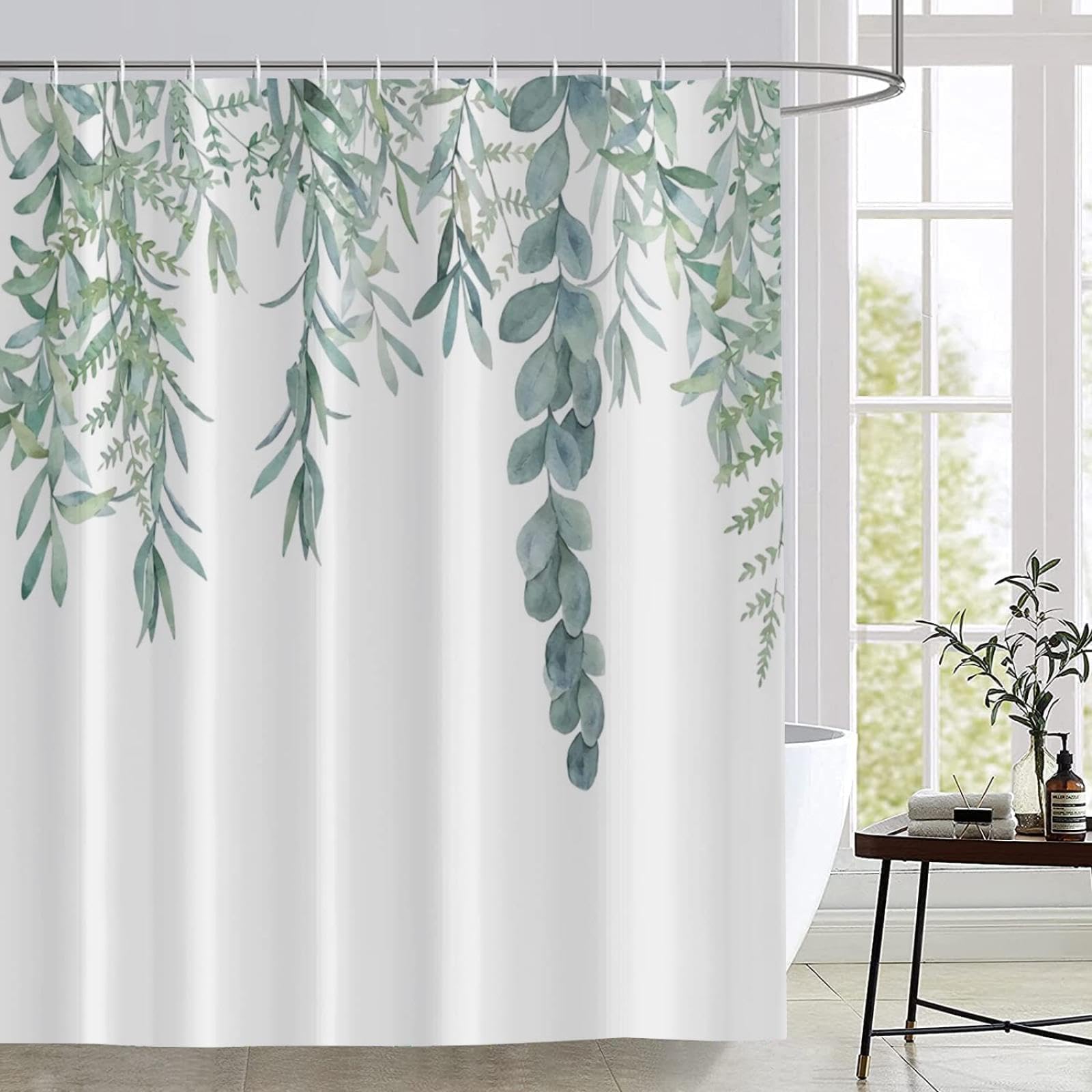 Uiyiui Multicolor-4 Watercolor Eucalyptus Leaf Plant Floral Green Shower Curtain 33X83in/85X210cm/Wxh Modern Fresh Waterproof Polyester Fabric Bathroom Curtains With Hooks For Restroom Bathtub Decor