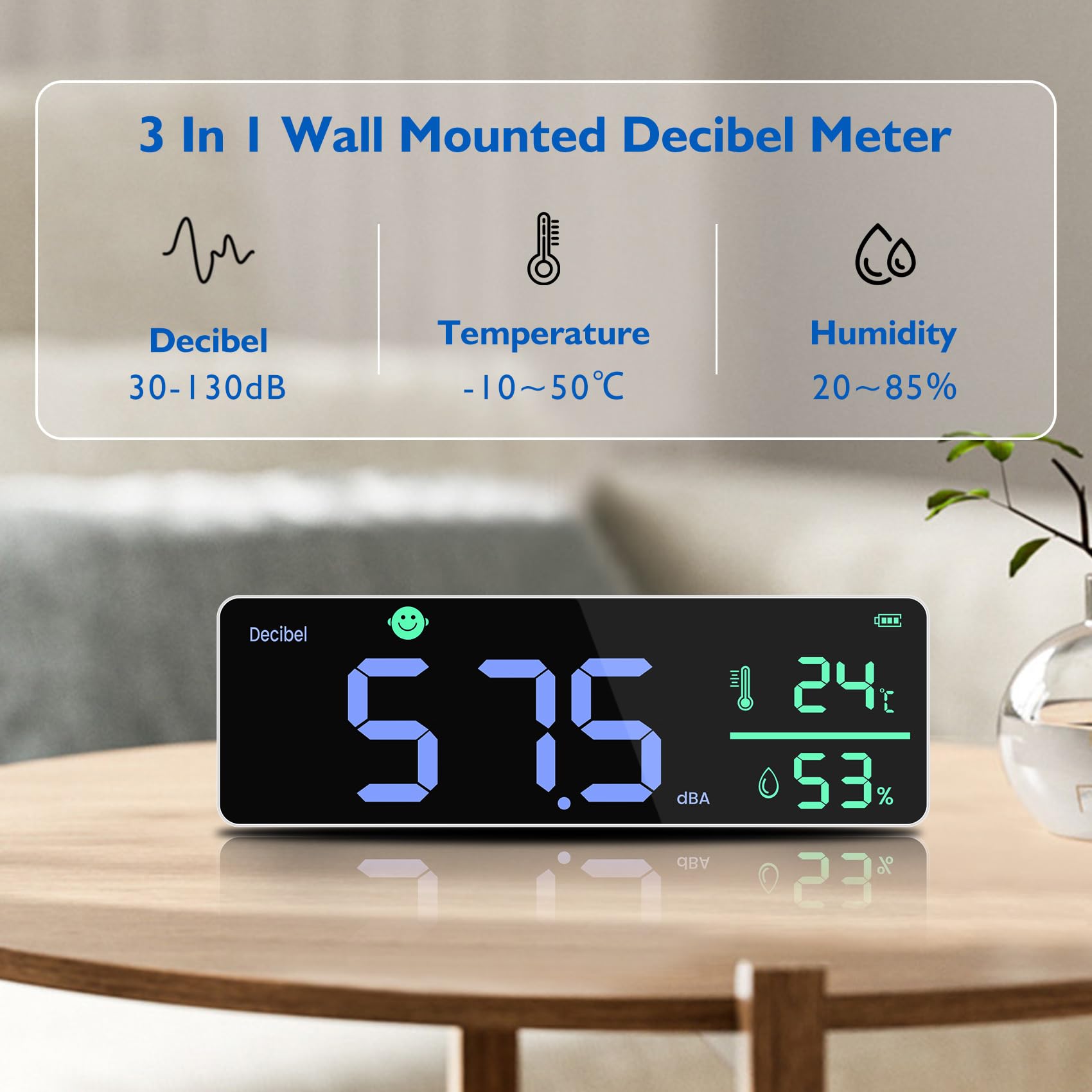 DM1306D NuméRique DéCibel SonomèTre DéTecteur de Bruit Mural Intelligent 30-130DB Moniteur de TempéRature et D'Humidité