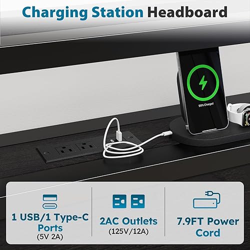 Miniatura 5 de Base de cama de tamaño matrimonial con cabecero, plataforma LED con 4 cajones de almacenamiento, estación de carga integrada, sin ruido, base de