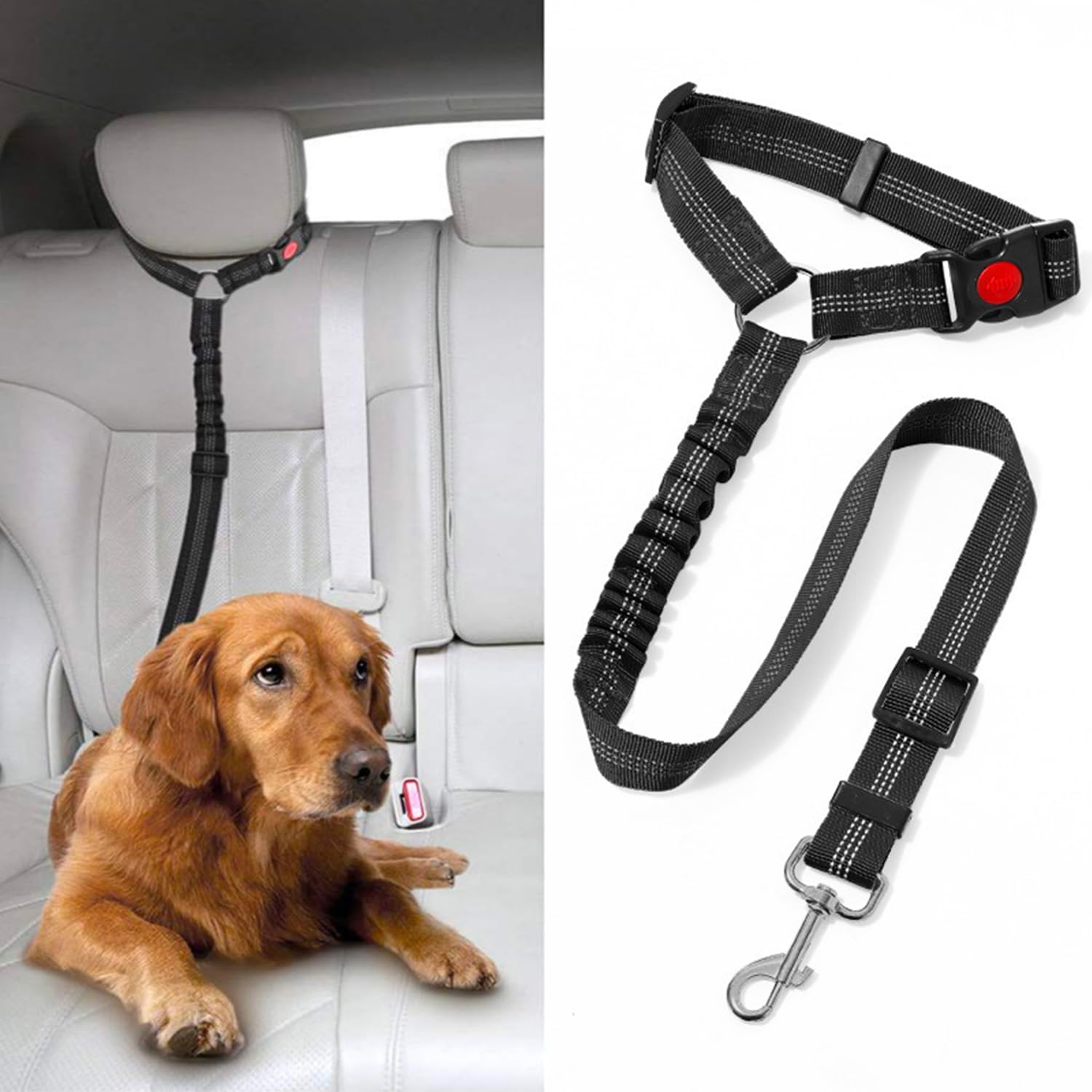 Cintura di sicurezza per cani con poggiatesta regolabile con ammortizzatore elastico Guinzaglio di sicurezza per ammortizzatore per qualsiasi auto, veicolo, animali domestici, accessori da viaggio (Nero)