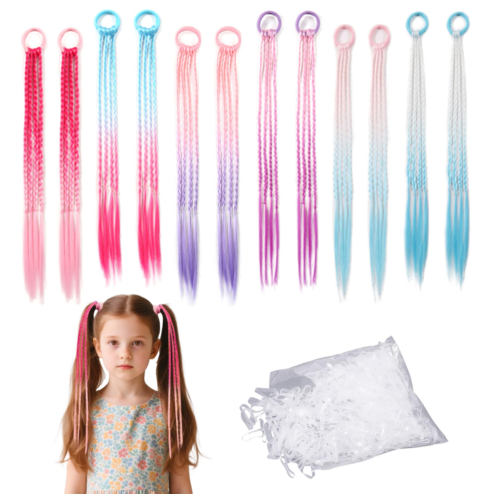 Yuanchu 12 stuks kleurrijke haarstrengen voor kinderen, kleurrijk gevlochten haarhaarstukje, twist-vlechten met elastische touwband, kleurverloop
