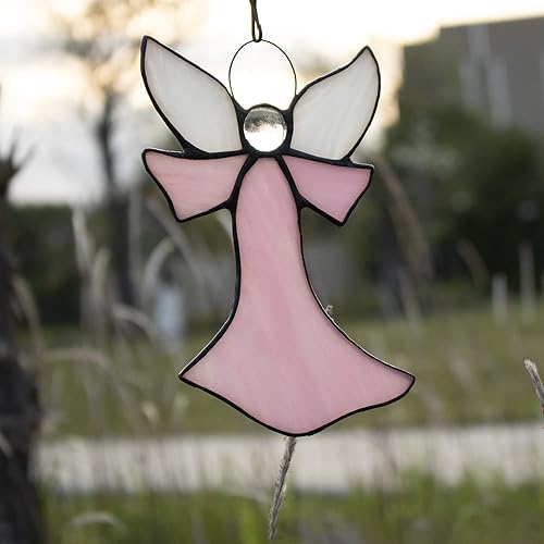 Miniatura 3 de Colgantes de ventana de cristal de ángel rosa, estilo Tiffany, regalos de regalo para enfermera, recuerdo conmemorativo y condolencias (6.3 x 4.3