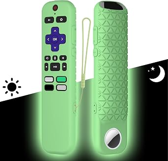 2 in 1 Remote Cover with Tracker Holder for Roku Voice Remote Glow in The Dark, Roku Remote Cover Silicone Protective Case, Anti Slip Shock Absorption Washable, Green