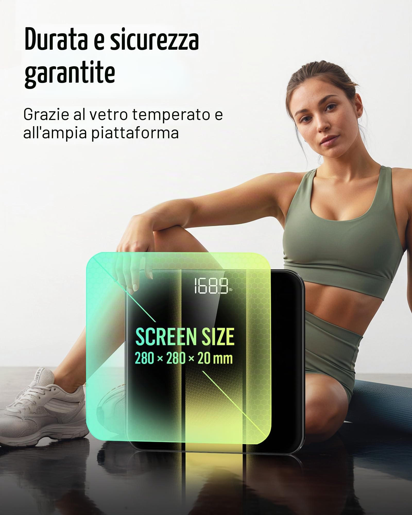 RunStar Bilancia Pesapersone Digitale, Bilancia professionale ad alta Precisione, Max 180 kg, Display Retroilluminato a LED Chiaro, Bilancia Precisa in Vetro Temperato da 6 mm