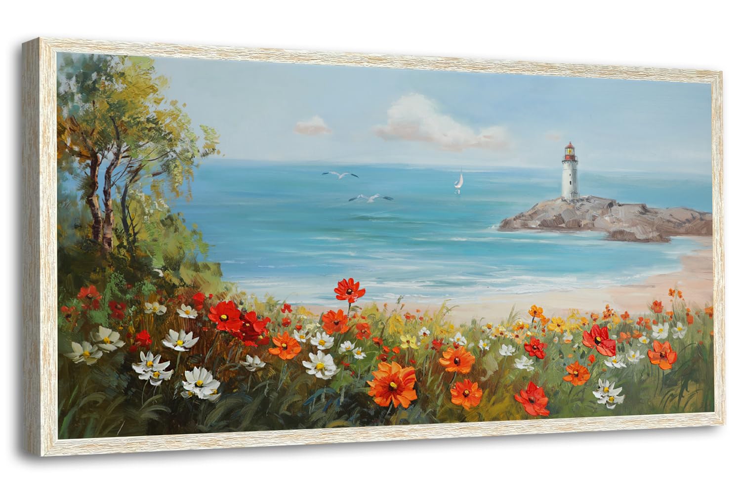 Photo 1 of Ardemy Lighthouse Framed Canvas Wall Art for Living Room Blue Ocean Painting Seascape Landscape Coastal Picture Textured Bedroom Artwork Home Office Wall Decor, Large 40"x20"