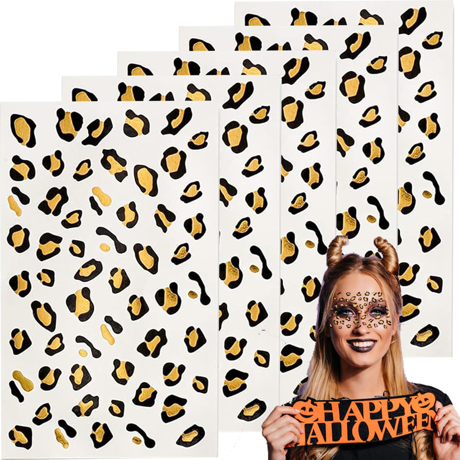 5Sheets Leopard Print Temporary Tattoos Cheetah Temporary Tattoo Sticker Gold Removable Safe Skin Sticker Cheetah Stickers Halloween Costume Accessories for Halloween Party Decoration