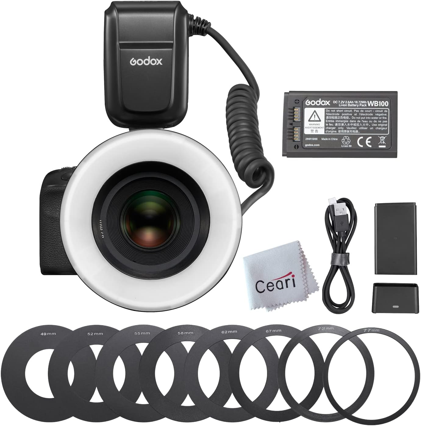 Godox MF-R76 76Ws 5000K Macro Ring Flash Speedlight with 8 Adapter Ring for Indoor Outdoor Macro Photography, Compatible with Canon Nikon Sony Pentax Fujifilm Olympus Panasonic Cameras