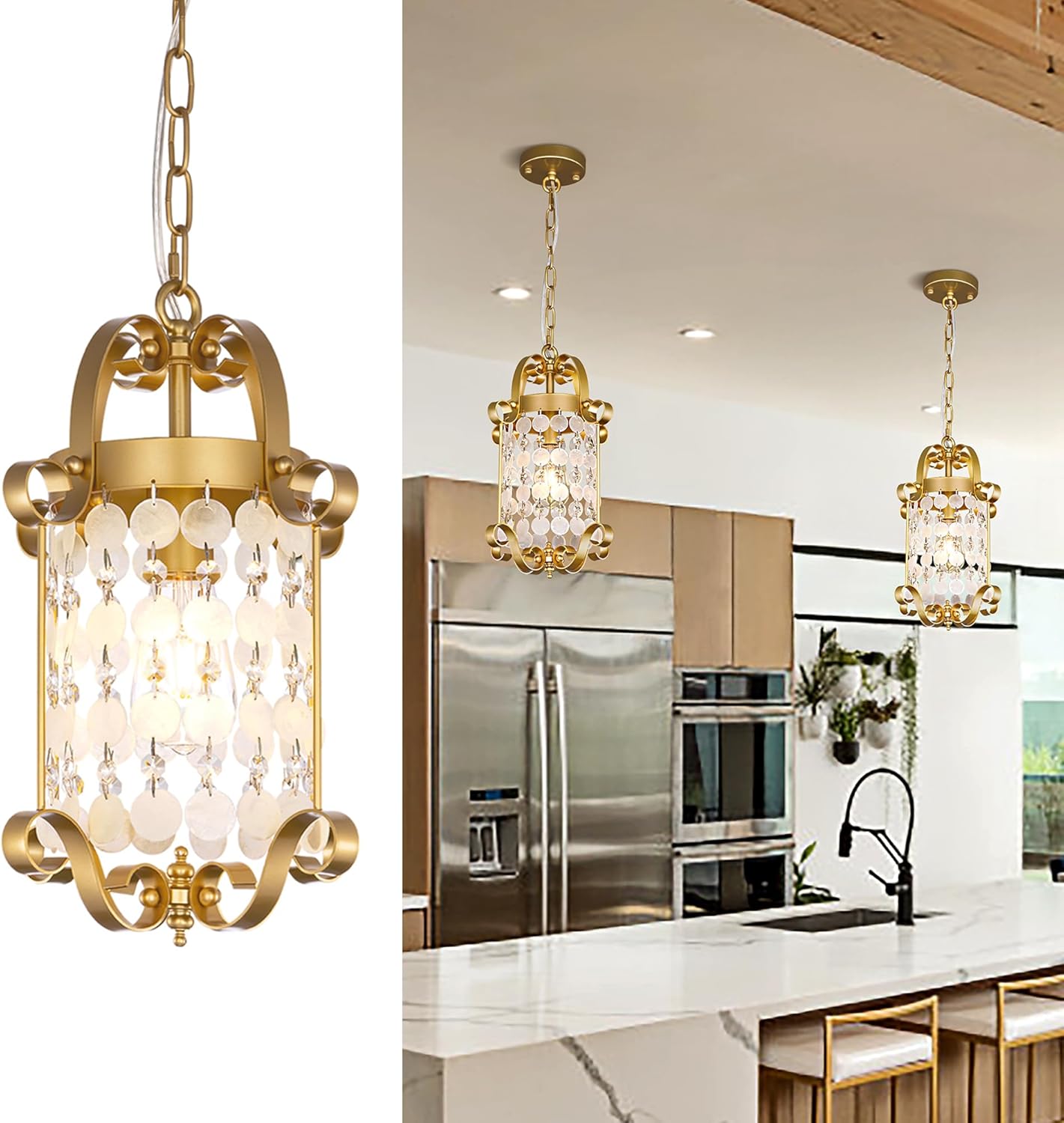 TOCHIC Shell Pendant Lights 2 Pack, Modern Capiz Shell Crystal Chandelier Gold Coastal Chandeliers Boho Natural Seashell Light Fixture for Kitchen Island Dining Room Bedroom Entryway, E26 Socket