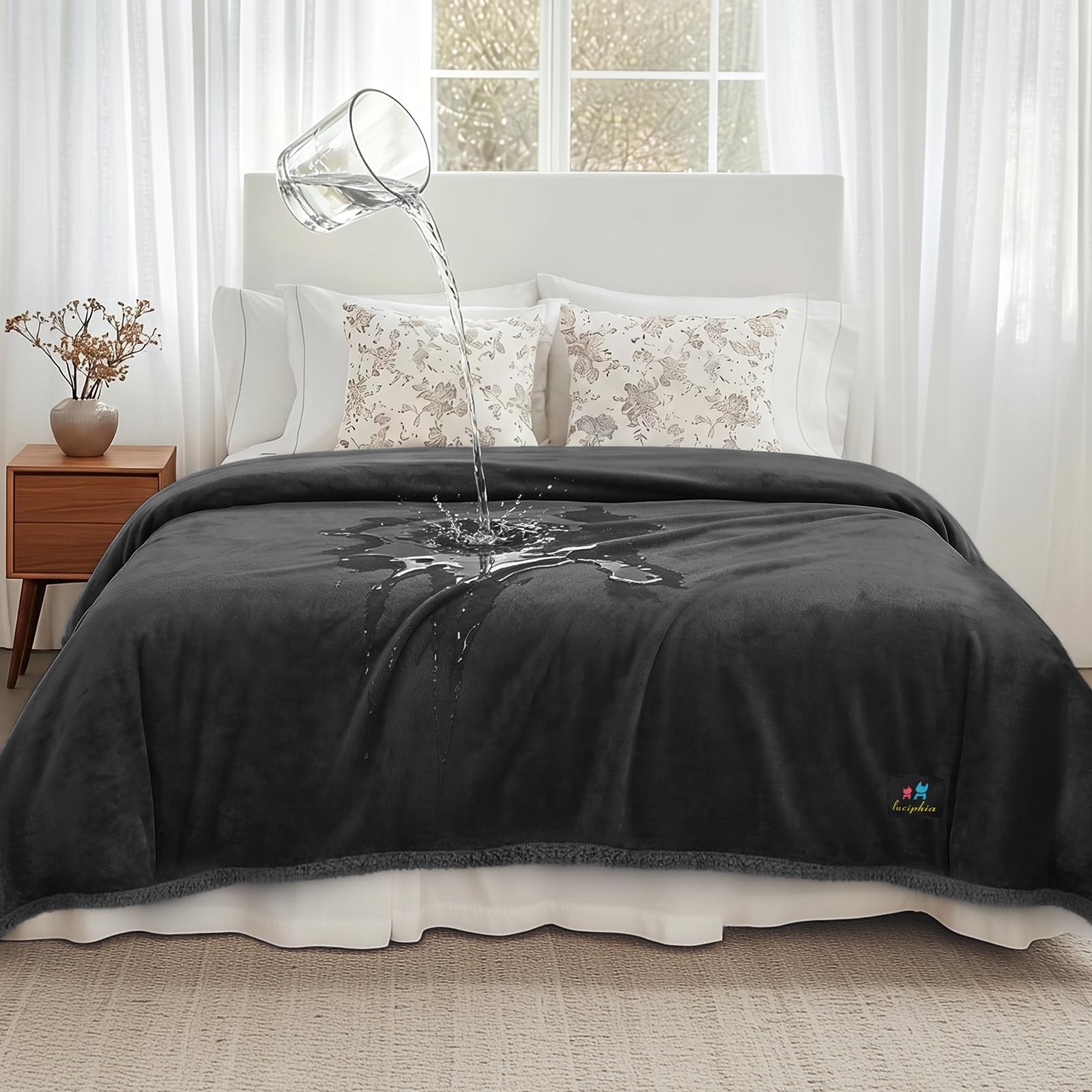 Luciphia Waterproof Pet Blanket, Liquid Pee Proof Dog Blanket for Sofa Bed Couch, Reversible Sherpa Fleece Furniture Protector Cover for Small Medium Large Dogs Cats, Black Queen Size(90" x 82") — image 1