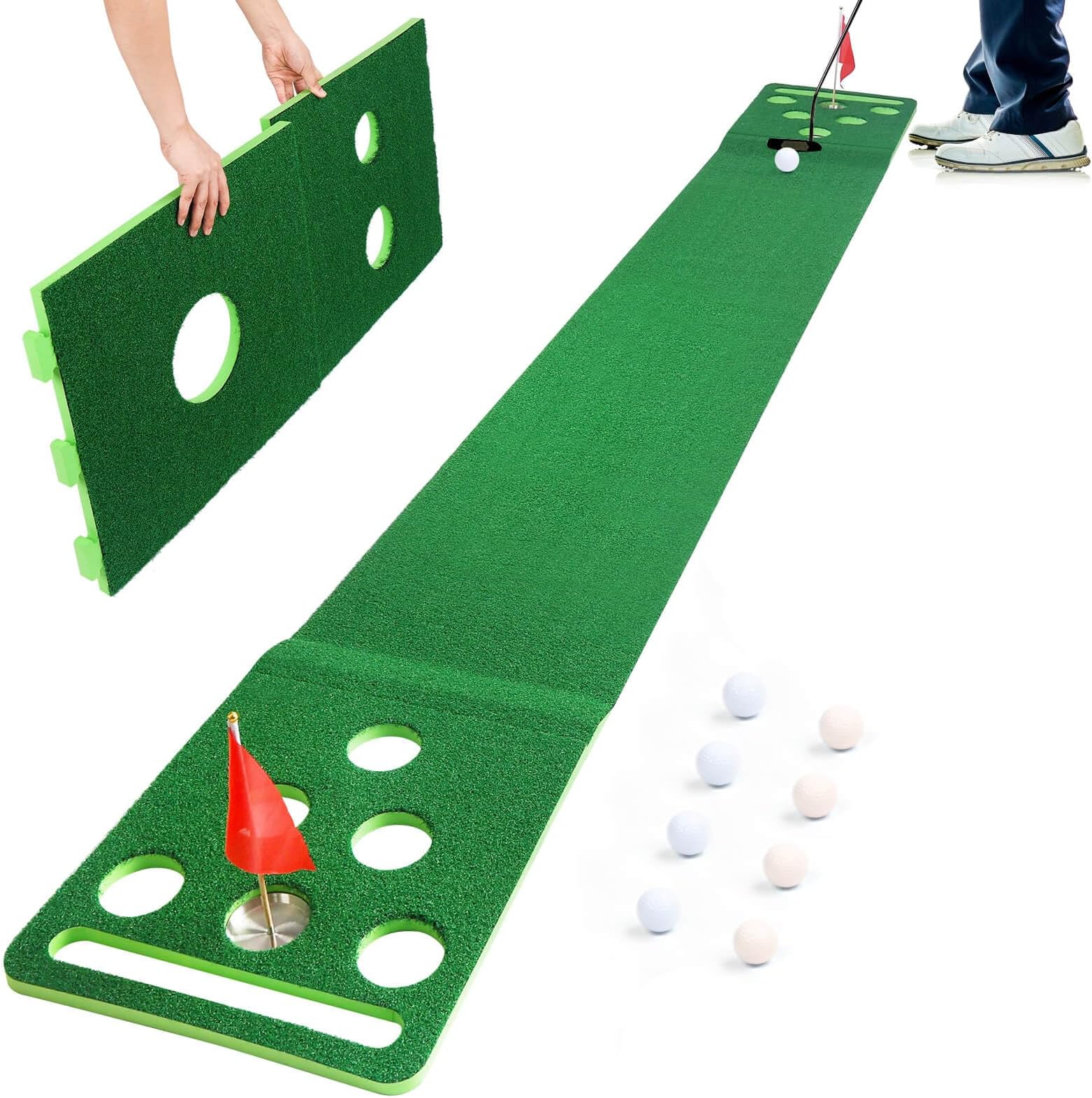 Chriiena Golf Putting Mat, Extendable Practice Golf Pong-Game Set with 4 connectable Putting Pads,Includes 8pcs Golf Balls and Portable Bag for Indoor Outdoor Party Game Use (Green)