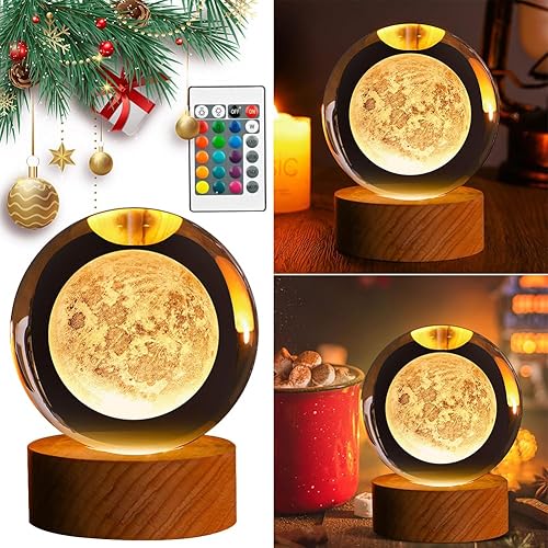 Miniatura 5 de Luz nocturna de bola de cristal 3D, 3.15 pulgadas, 16 colores que cambian con control remoto y base de madera, adornos de bolas de cristal de la